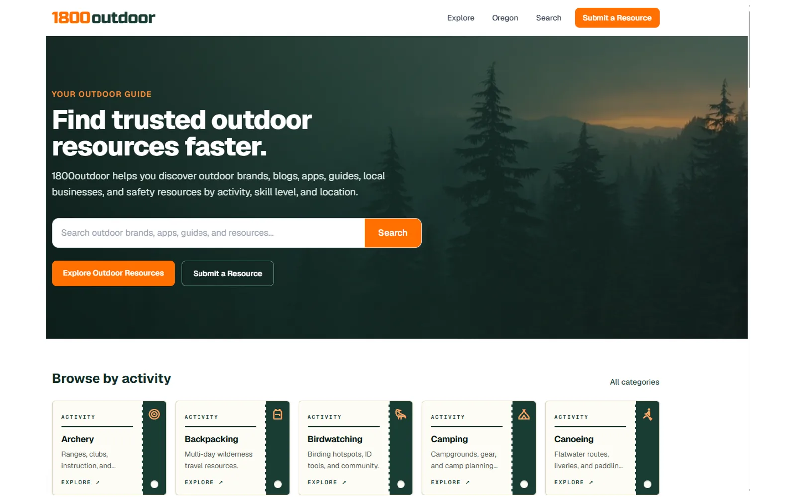 The 1800outdoor homepage: a hero headed "Find trusted outdoor resources faster" over a forest photograph, with a resource search field and a Browse by activity row of ticket-stub cards for Archery, Backpacking, Birdwatching, Camping, and Canoeing.