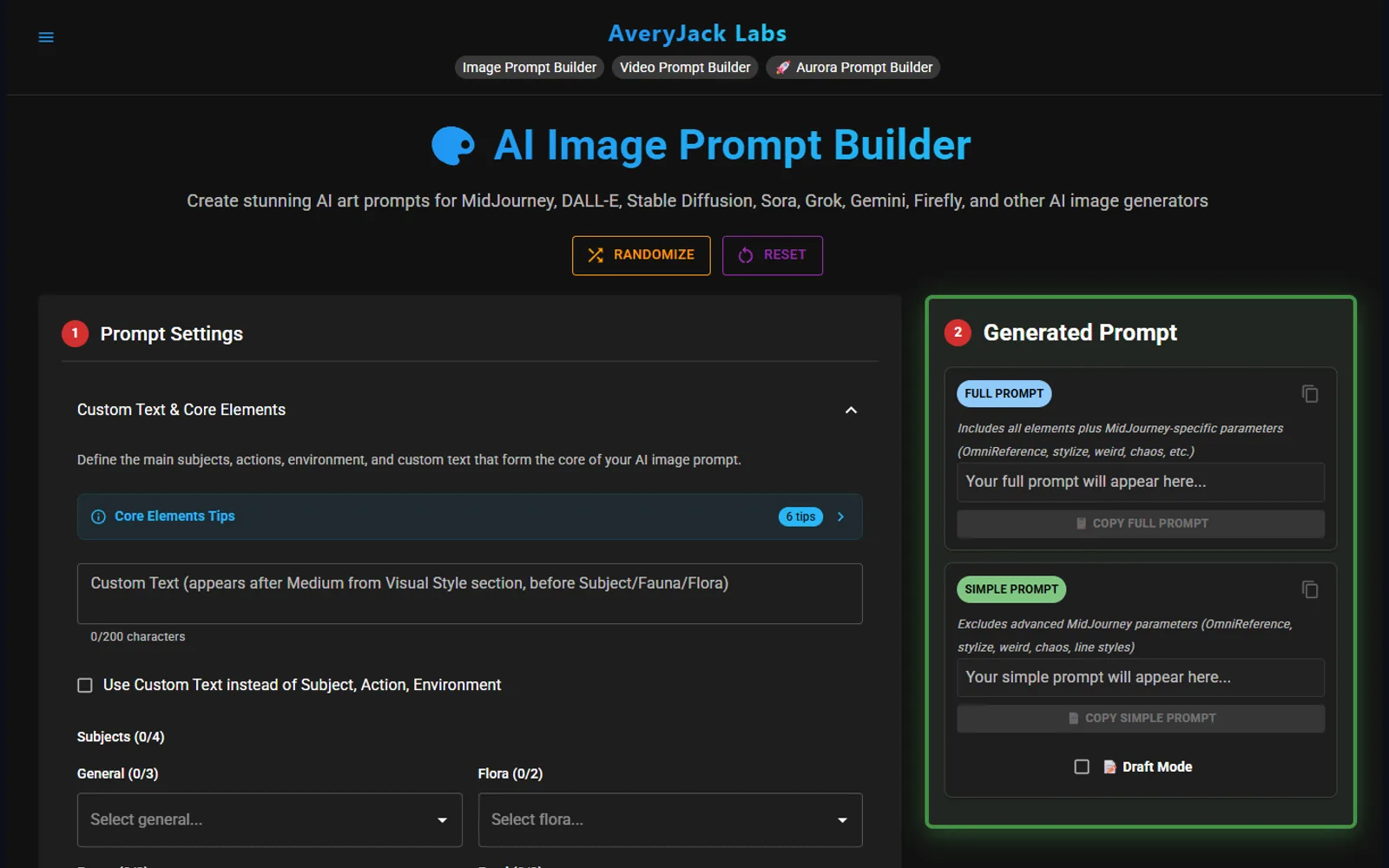 The AI Image Prompt Builder: a two-panel layout with Prompt Settings on the left — custom text, subject groups for General, Flora, Fauna and Food — and a Generated Prompt panel on the right offering a full prompt including MidJourney-specific parameters and a simple prompt that excludes them.