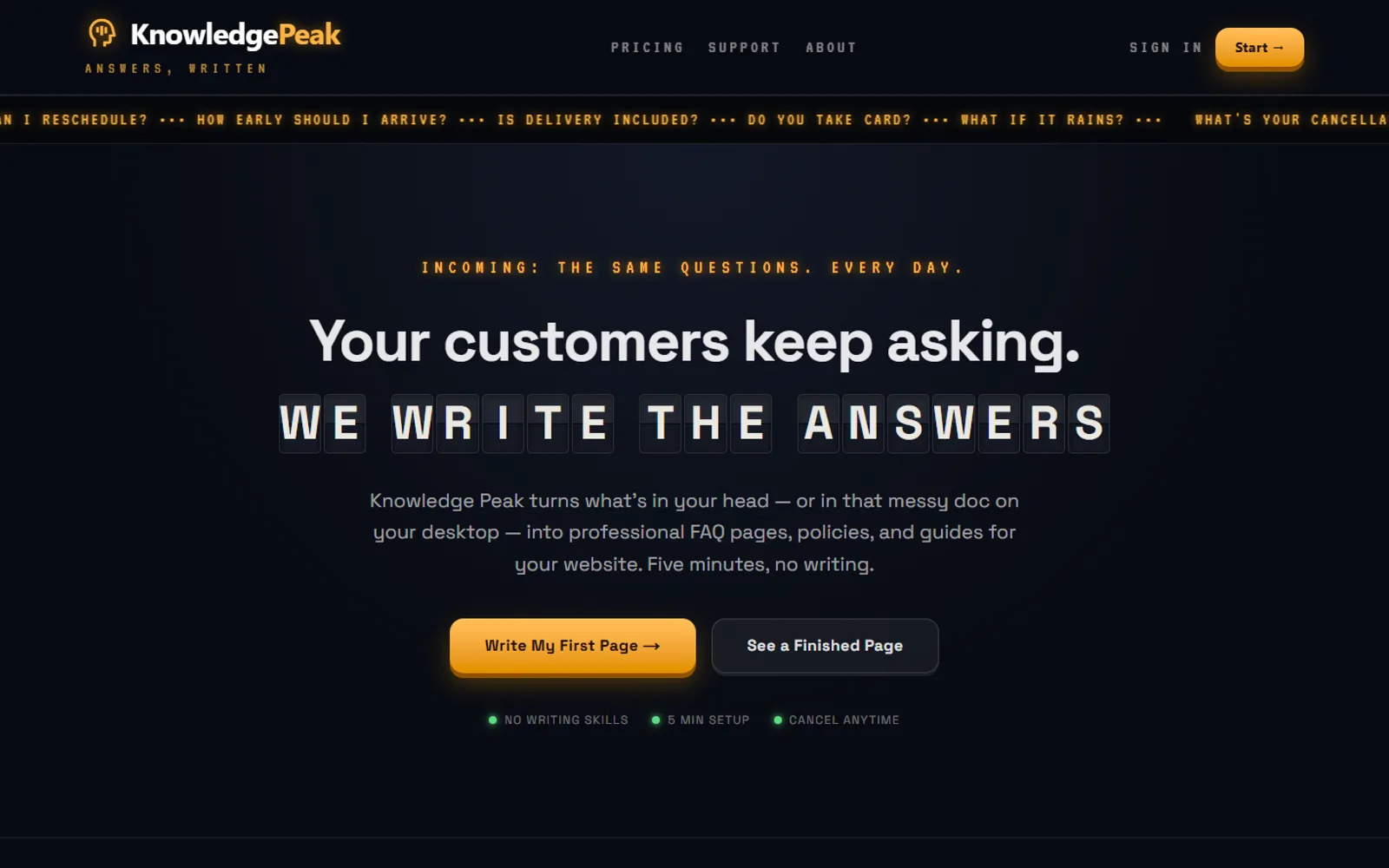 KnowledgePeak.ai homepage headlined 'Your customers keep asking. We write the answers', above a ticker of real customer questions