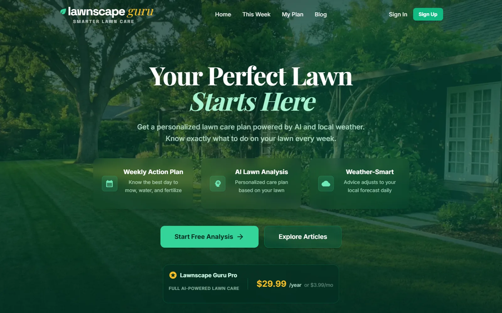 LawnscapeGuru homepage showing the weekly action plan, AI lawn analysis and weather-smart advice features, with subscription pricing