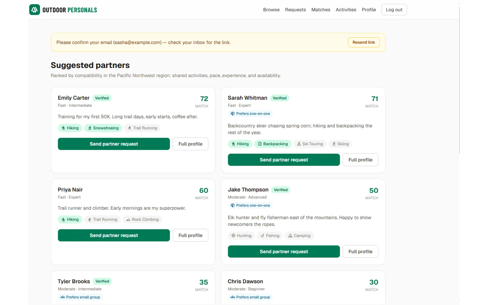 The Suggested partners screen, ranked by compatibility for the Pacific Northwest region, showing member cards with match scores of 72, 71, 60, 50, 35 and 30 alongside each person's pace and experience level, verified badges, activity tags, and meeting preference.