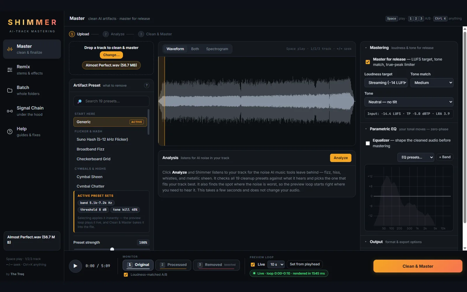 Shimmer's Master screen: a waveform view of a loaded track, a searchable list of artifact presets grouped by what the listener hears, mastering controls with a −14 LUFS streaming target and true-peak limiter, a parametric EQ curve, and a monitor row for switching between Original, Processed, and Removed with loudness-matched A/B enabled.