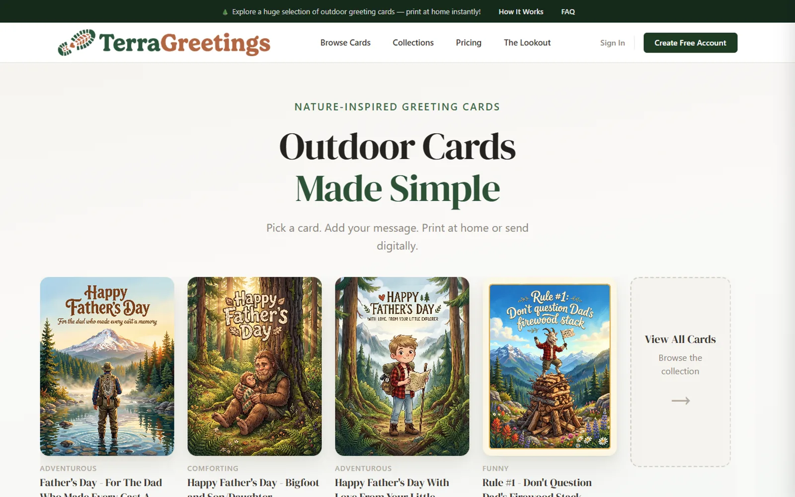 TerraGreetings homepage headlined 'Outdoor Cards Made Simple', showing a row of seasonal greeting card designs