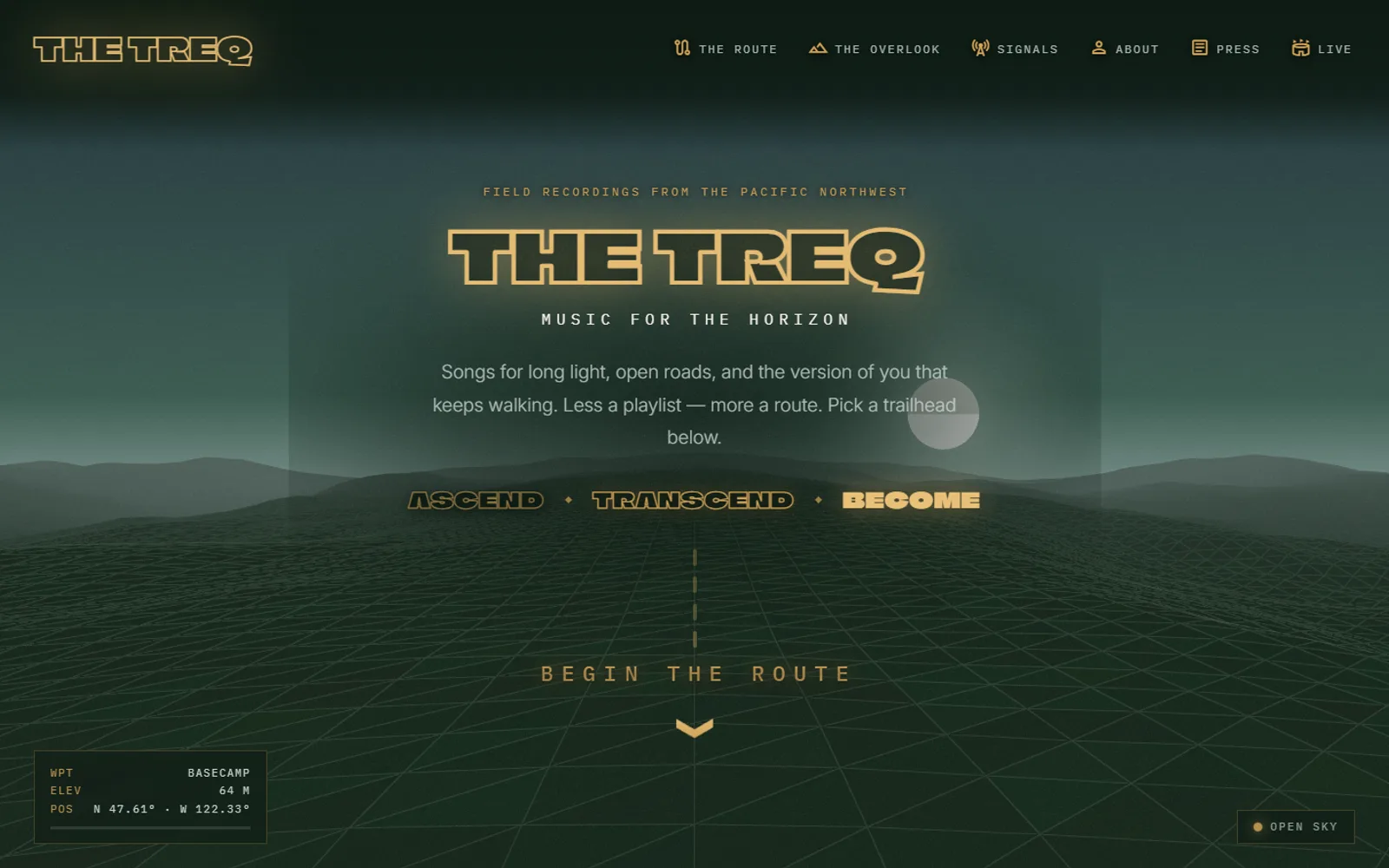 The Treq homepage: an atmospheric wireframe mountain landscape in dark green and gold, headlined 'Music for the horizon'
