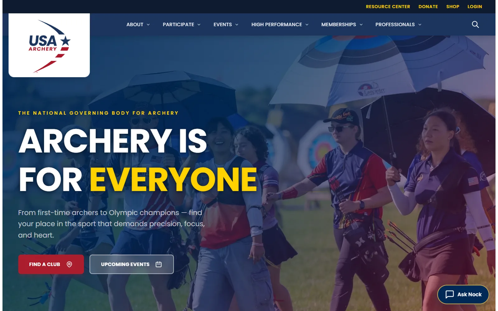 USA Archery demo homepage with the headline Archery Is For Everyone over a photo of archers, primary navigation, and the Ask Nock assistant button